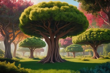 3D Render of Dynamic Tree Arrangements in Lush Forest Environments