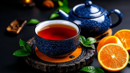 A beautiful tea setup with a teapot and orange slices, served in a traditional ceramic cup, arranged with vibrant green leaves. 