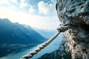 Fototapeta premium Rope suspended from the edge of a mountain cliff. Highlights extreme outdoor climbing, safety measures, risk-taking, and the adrenaline of adventure, with a focus on courage, freedom, and height.