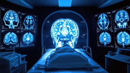 Fototapeta premium A patient lies on a bed in a hospital room, surrounded by medical equipment, with a large image of a brain scan displayed on the wall.