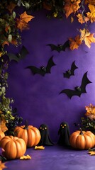 Halloween Background with Pumpkins  Bats  and Ghosts on Purple