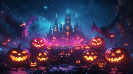 Halloween Pumpkin Lanterns With Haunted Castle In The Background