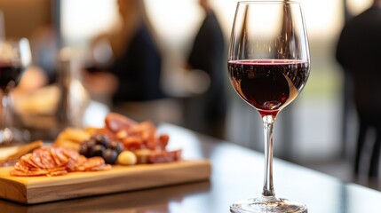 Naklejka premium Glass of Red Wine with Appetizers and Blurred Background