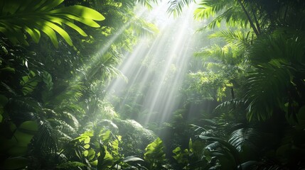 Obraz premium Sunbeams Through Lush Tropical Rainforest Canopy