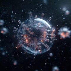 Obraz premium Abstract Virus Cell Concept - 3D Rendering of a Virus Particle with Glowing Spikes