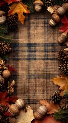 Fototapeta premium Autumn Leaves Acorns Pine Cones and Burlap Background