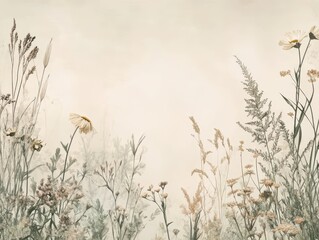 Botanical Floral Background - Watercolor Style Pressed Flowers and Grass on Beige with Copy Space