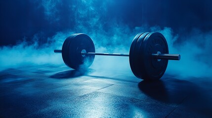 Barbell weight on a gym floor illuminated by blue light and surrounded by smoke. Represents bodybuilding strength and power, heavy lifting, fitness training, and weightlifting in an empty room 