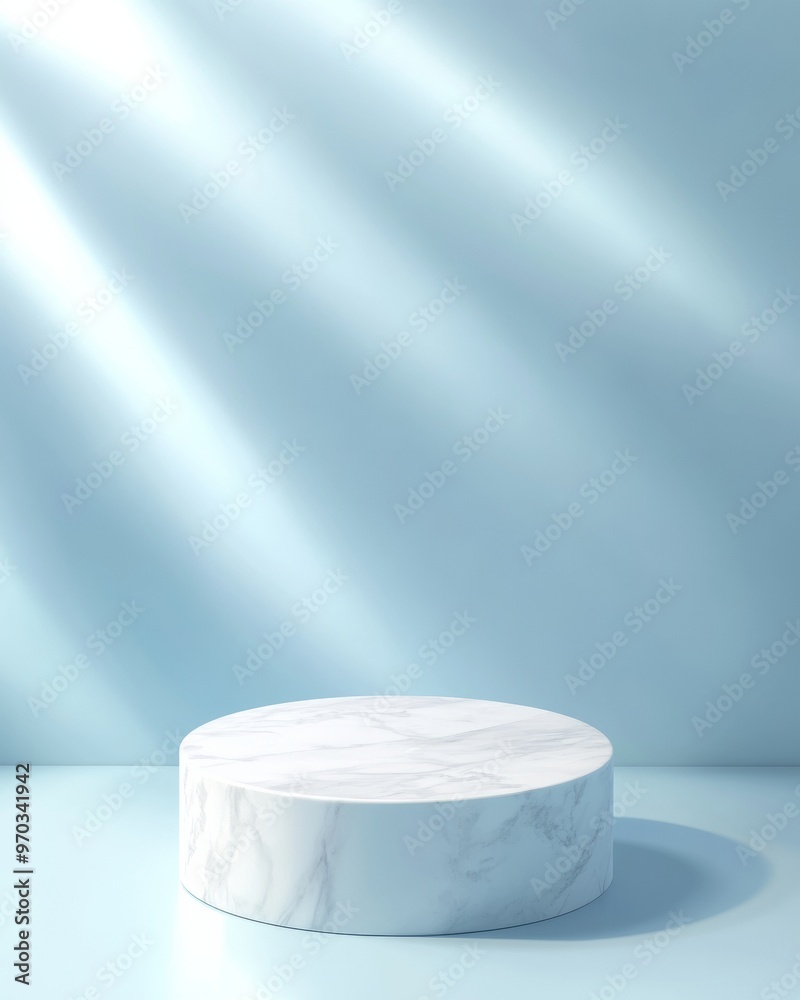 Poster minimalist marble podium on pastel blue background with soft light beams and gradient effect