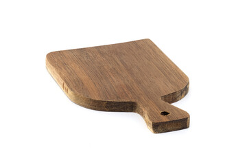 Wooden cutting board, rectangular in shape with a smooth texture and features a handle on one side