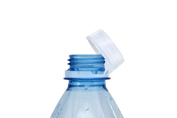 Close-up of an open blue plastic water bottle with a white cap against a white background