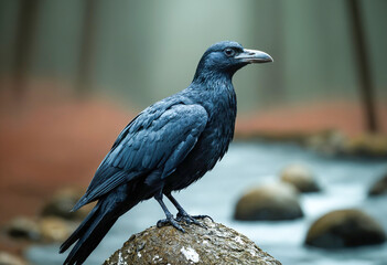 Obraz premium close-up photo of a crow on a rock. ai generative