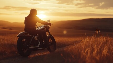 A motorcyclist silhouetted against a vibrant sunset, enjoying the open road and vast landscape.