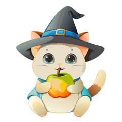 Whimsical Wizard Cat: Adorable kitty in a witch hat savoring a juicy green apple, perfect for Halloween designs, greeting cards, and children's books. 