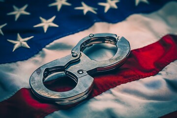 United States of America flag and police handcuffs. The concept of observance of the law in the country and protection from crime