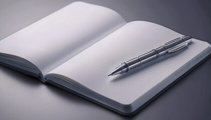3D rendering of an open notebook with blank pages and a pen ready for writing.