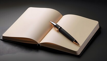 3D rendering of an open notebook with blank pages and a pen ready for writing.