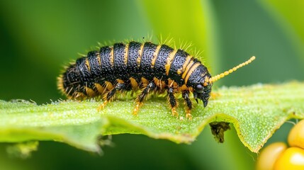 Black and Yellow Beetle Larva on Green Leaf