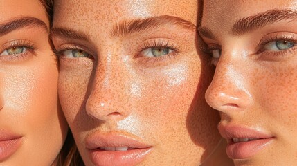 Close Up of Three Women s Faces with Freckles and Shiny Skin