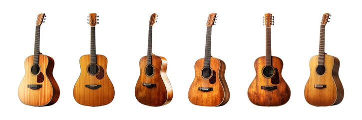 Obraz premium Set of Six Classical Acoustic Guitars Isolated on Transparent Background