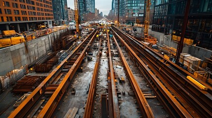 Intricate Steel Girder Network Guiding Viewer's Gaze Through Bustling Construction Site