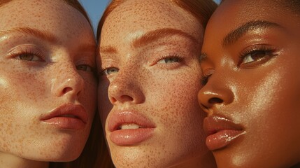 Close up of Three Diverse Women s Faces with Sun Kissed Skin and Glitter Makeup