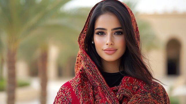 Beautiful Woman in Red Headscarf with Traditional Patterns