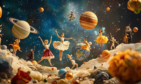 A whimsical cosmic scene with dancers, planets, and stars, blending art and imagination.