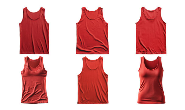 Assortment of Six Red Tank Tops on Transparent Background