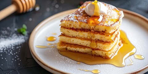 Sweet cheese pancakes with honey and cream on a white plate Homemade cheesecake recipe