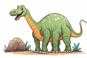 Obraz premium A Cartoon Green Dinosaur With Orange Stripes and White Spots Stands On A Sandy Ground
