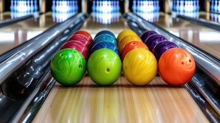 Colorful Bowling Balls on Lane Ready for Game