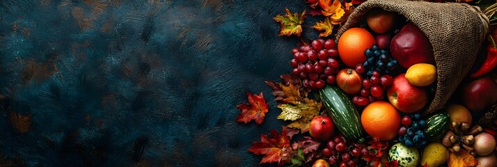 Fototapeta premium Autumn Harvest Abundance with Grapes Apples and Fall Leaves on Rustic Blue Background