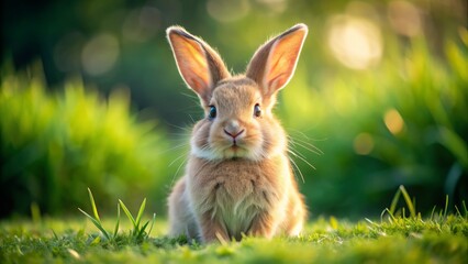 Fototapeta premium A soft and cuddly rabbit sits on a lush green meadow, its velvety ears twitching as it sniffs
