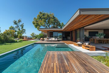 Modern wooden deck with in-ground pool, open lawn for kids to play, tree and blue sky in Cape Town backyard.