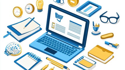 Laptop  Notebook  Pencil  Glasses  Clock   Business Concept Illustration