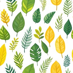 Obraz premium Seamless botanical pattern with diverse assorted fresh green yellow and red leaves on pristine white background