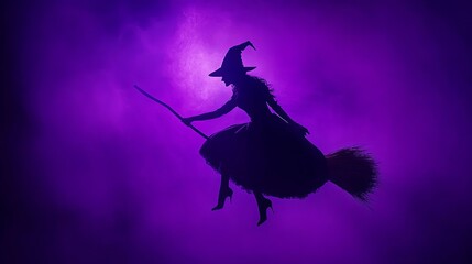 Fototapeta premium Witch Silhouette Flying On Broom In Purple Smoke