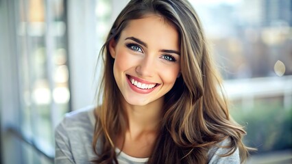 Obraz premium Portrait of a Smiling Woman with Long Hair.