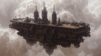 A majestic steampunk airship floating among clouds, showcasing intricate design and engineering.