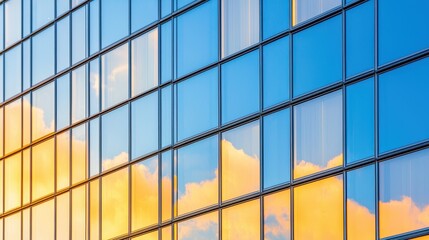 Fototapeta premium Modern Building Facade with Glass Windows Reflecting Sunset Clouds