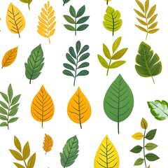 Seamless Pattern of Diverse Fresh Natural Leaves on Clean White Background