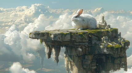 A serene white rabbit rests on a floating rocky platform amidst clouds, evoking a sense of fantasy and wonder.