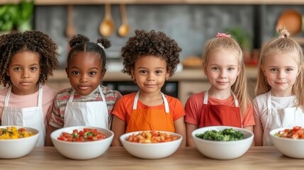 Diverse group of children in multicultural cooking class