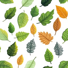 Seamless Pattern of Diverse Natural and Fresh Leaves on White Background