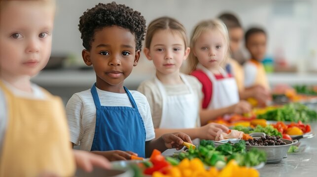 Diverse group of children in multicultural cooking class