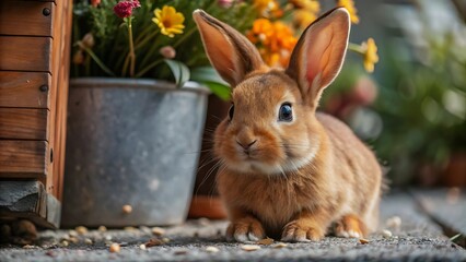 Cute brown rabbit with large ears sits on wooden surface with flowers in the background.