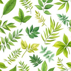Fototapeta premium Seamless pattern with assorted natural and fresh green leaves on white background