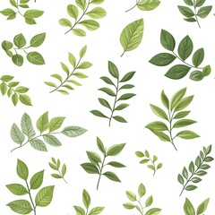 Seamless pattern of fresh natural leaves on a clean white background