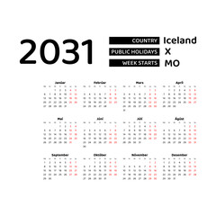 Calendar 2031 Icelandic language with Iceland public holidays. Week starts from Monday. Graphic design vector illustration.